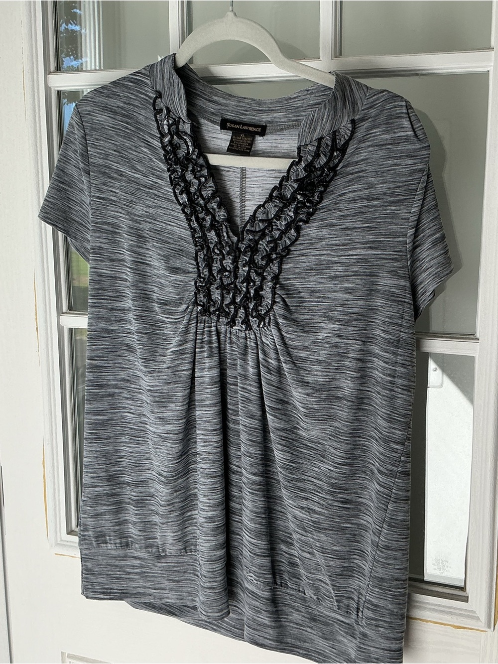 Susan Lawrence Gray Ruffle V-Neck Short Sleeve Top